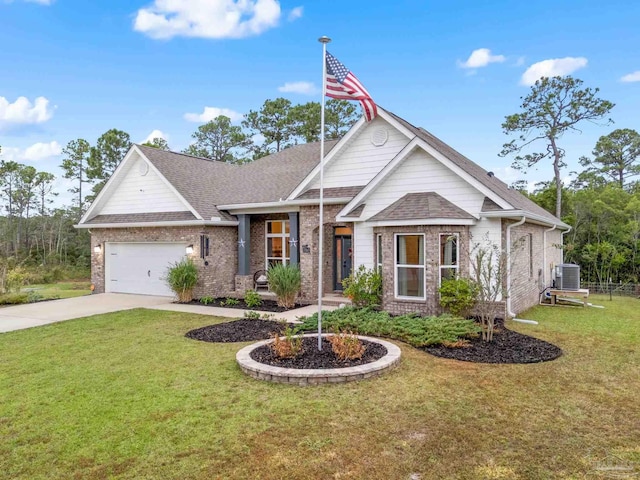 view of front of property featuring a front yard, a garage, and cooling unit