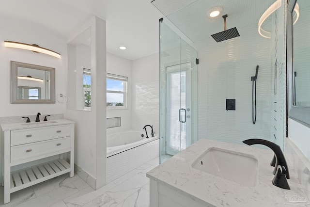 bathroom with independent shower and bath, vanity, and tile patterned flooring