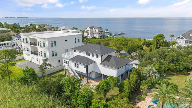 aerial view featuring a water view