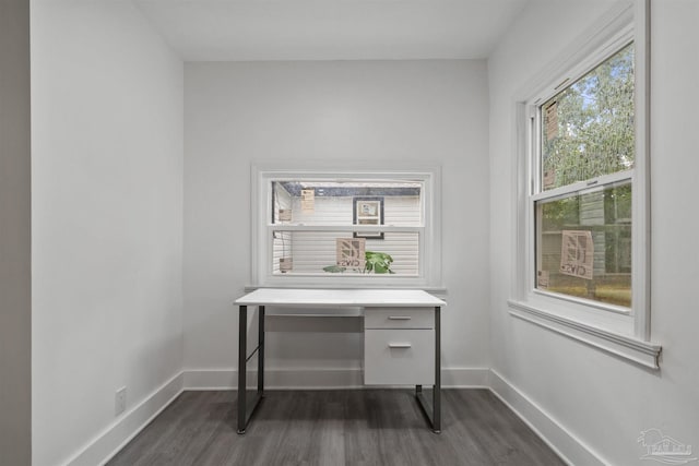 home office with dark hardwood / wood-style flooring