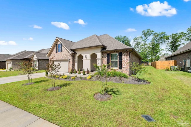 3041 Mountain Laurel Trl, Cantonment, FL 32533 - french country home featuring fence, a shingled roof, brick siding, a front yard, and driveway