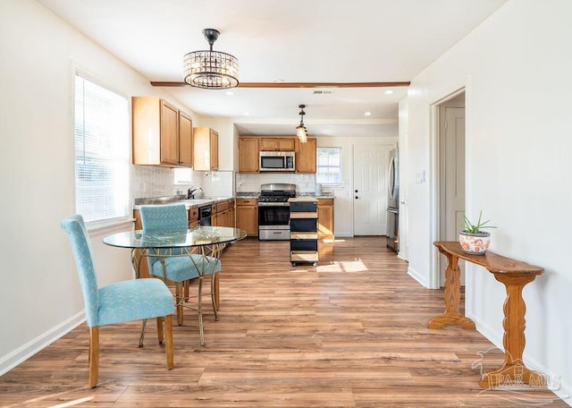 kitchen with a healthy amount of sunlight, light hardwood / wood-style flooring, hanging light fixtures, and appliances with stainless steel finishes