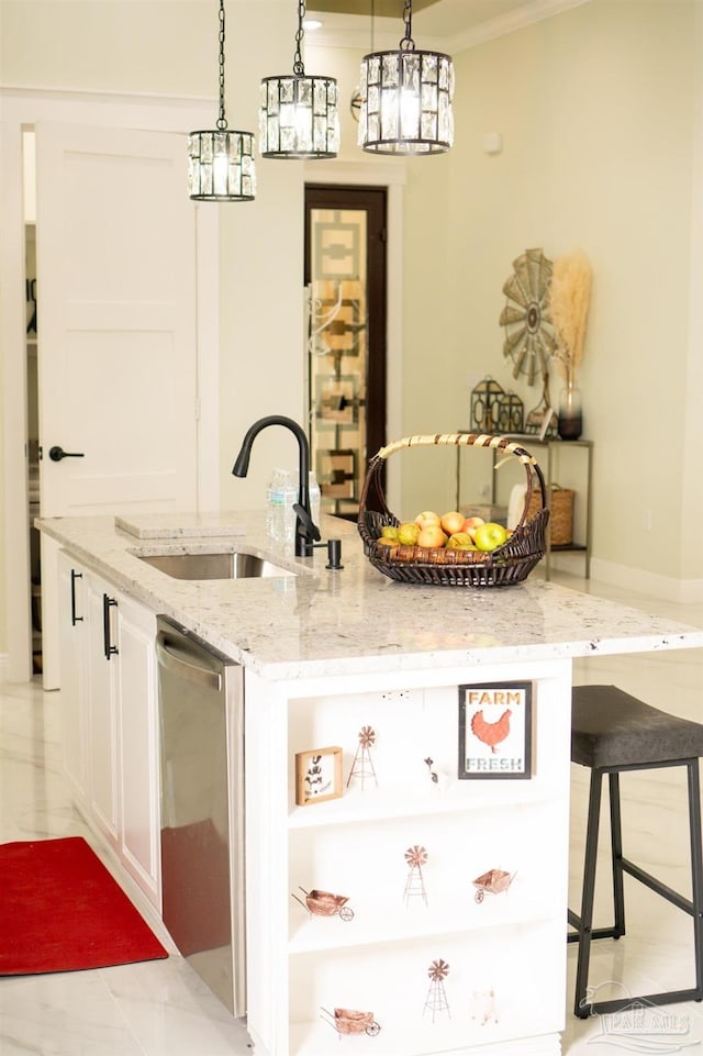 bar featuring decorative light fixtures, white cabinetry, sink, stainless steel dishwasher, and light stone counters