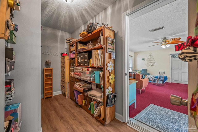 storage room featuring visible vents and a ceiling fan