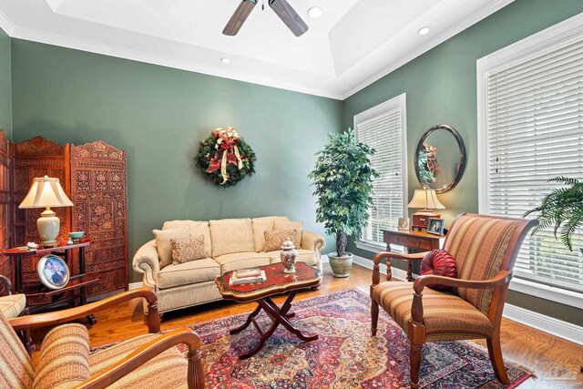 1788 Lorain Cir, Cantonment, FL 32533 - living area featuring ceiling fan, a tray ceiling, crown molding, baseboards, and recessed lighting