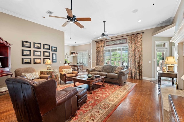 1788 Lorain Cir, Cantonment, FL 32533 - living room featuring ceiling fan, wood finished floors, crown molding, recessed lighting, and baseboards