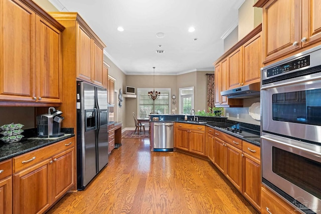 1788 Lorain Cir, Cantonment, FL 32533 - kitchen featuring appliances with stainless steel finishes, ornamental molding, under cabinet range hood, a peninsula, and light wood-type flooring