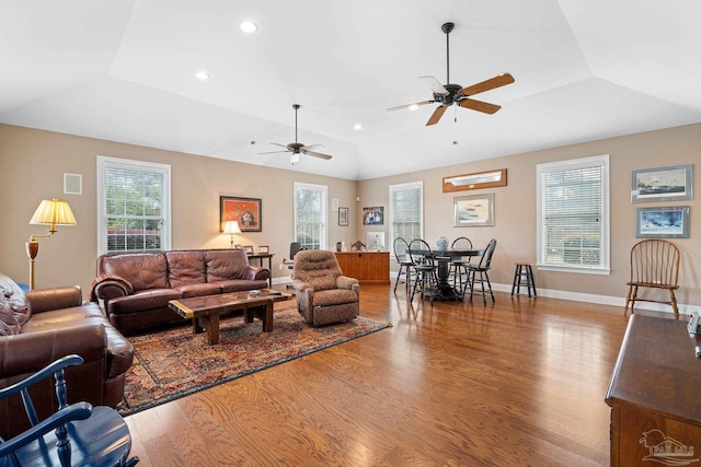 1788 Lorain Cir, Cantonment, FL 32533 - living area featuring ceiling fan, wood finished floors, vaulted ceiling, baseboards, and recessed lighting