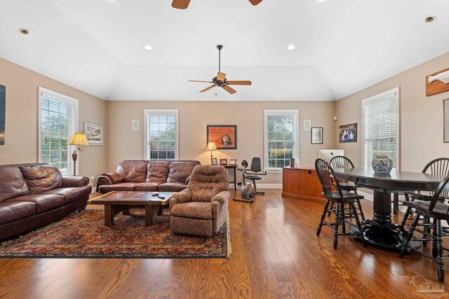 1788 Lorain Cir, Cantonment, FL 32533 - living area featuring a ceiling fan, wood finished floors, healthy amount of natural light, recessed lighting, and lofted ceiling