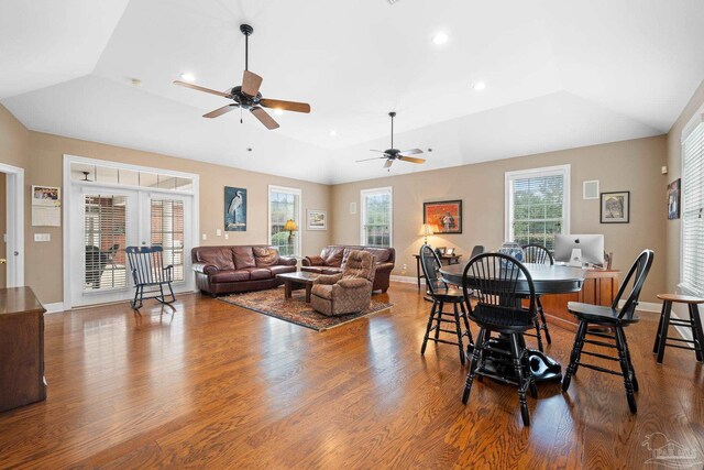 1788 Lorain Cir, Cantonment, FL 32533 - dining area with wood finished floors, a ceiling fan, vaulted ceiling, baseboards, and recessed lighting