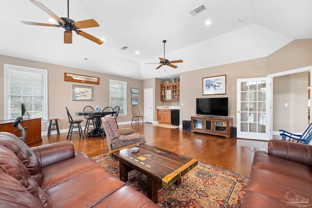 1788 Lorain Cir, Cantonment, FL 32533 - living room with a ceiling fan, vaulted ceiling, wood finished floors, baseboards, and recessed lighting