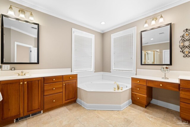 1788 Lorain Cir, Cantonment, FL 32533 - bathroom featuring vanity, a garden tub, ornamental molding, and recessed lighting