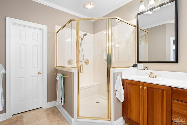 1788 Lorain Cir, Cantonment, FL 32533 - full bath featuring crown molding, vanity, a shower stall, and baseboards