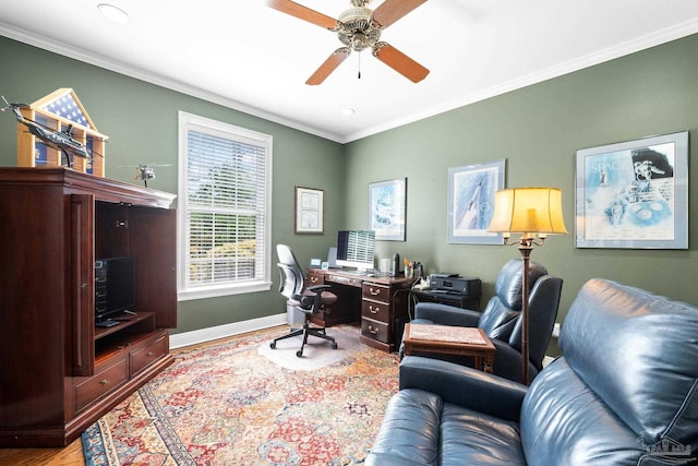 1788 Lorain Cir, Cantonment, FL 32533 - office area featuring ornamental molding, light wood-type flooring, a ceiling fan, baseboards, and recessed lighting