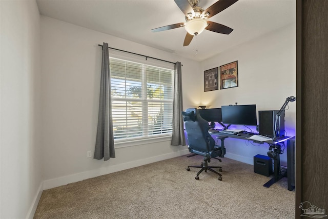 office area featuring carpet floors and ceiling fan