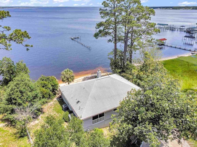 aerial view featuring a water view