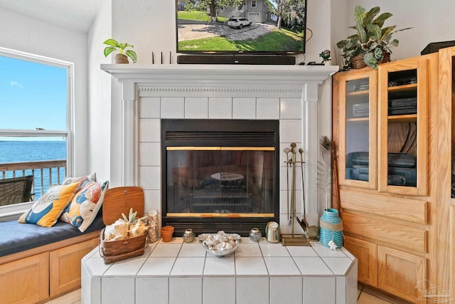 room details featuring a water view and a tile fireplace