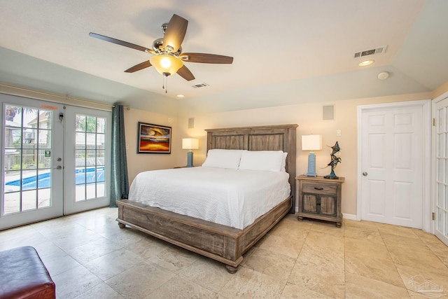 tiled bedroom featuring ceiling fan, french doors, and access to outside