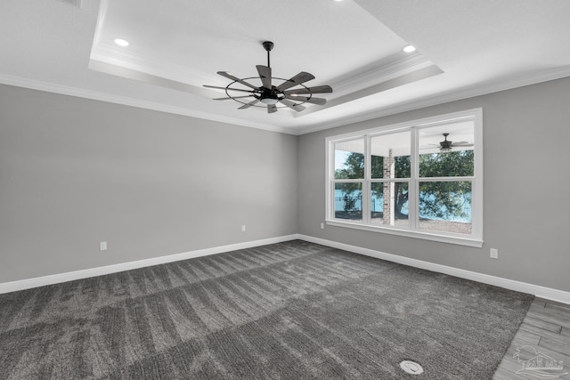 carpeted spare room featuring a raised ceiling, ceiling fan, and ornamental molding