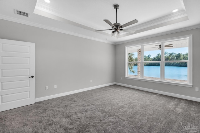 spare room with ceiling fan, a raised ceiling, ornamental molding, and carpet floors