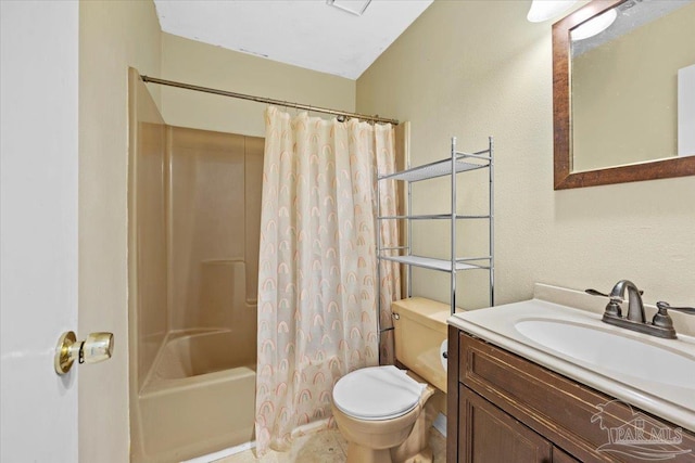 full bathroom featuring shower / bath combination with curtain, vanity, and toilet