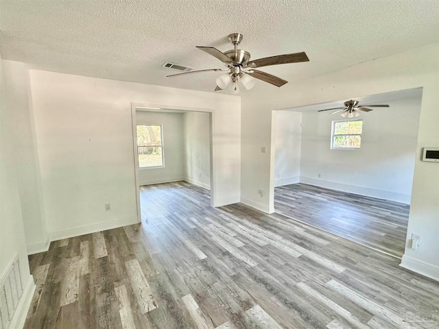 unfurnished room featuring light hardwood / wood-style floors, a textured ceiling, and plenty of natural light