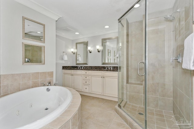 18 Via Deluna Dr Unit 603, Pensacola Beach, FL 32561 - full bathroom featuring double vanity, a shower stall, a whirlpool tub, ornamental molding, and recessed lighting