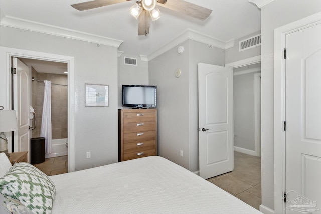 18 Via Deluna Dr Unit 603, Pensacola Beach, FL 32561 - bedroom featuring tile patterned floors, crown molding, a ceiling fan, and ensuite bathroom