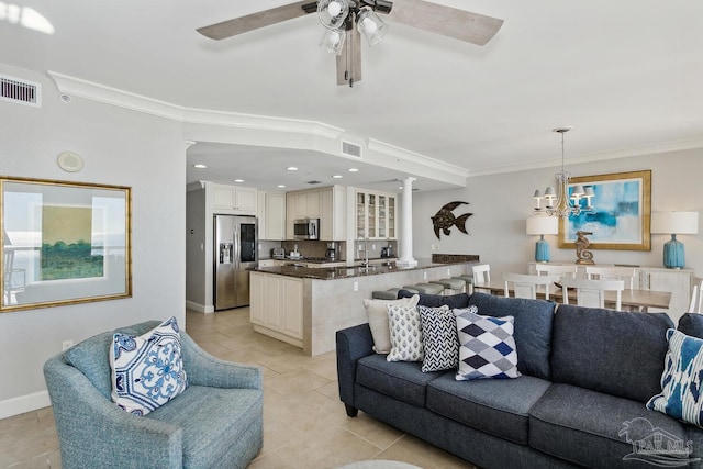 18 Via Deluna Dr Unit 603, Pensacola Beach, FL 32561 - living room with ceiling fan, crown molding, a chandelier, light tile patterned flooring, and recessed lighting