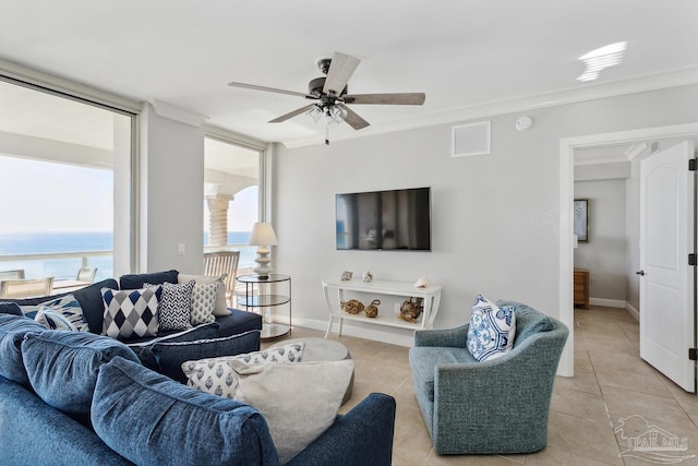 18 Via Deluna Dr Unit 603, Pensacola Beach, FL 32561 - living room featuring crown molding, light tile patterned flooring, and ceiling fan