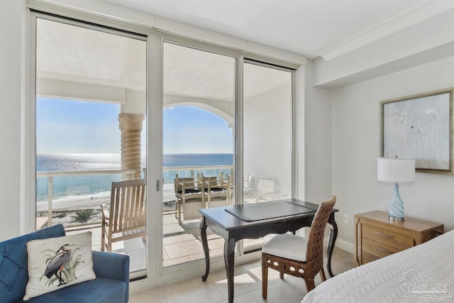 18 Via Deluna Dr Unit 603, Pensacola Beach, FL 32561 - bedroom featuring a water view, multiple windows, access to exterior, and light tile patterned floors
