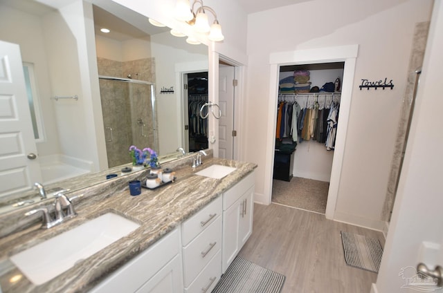 bathroom with vanity, a shower with door, and hardwood / wood-style floors