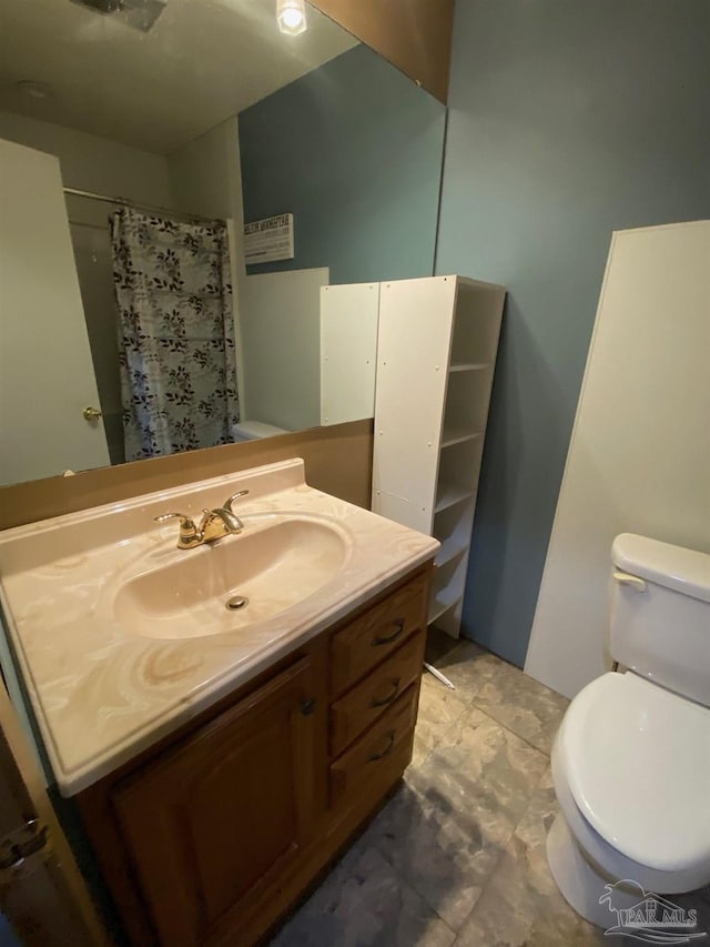 full bathroom featuring toilet, a shower with curtain, and vanity