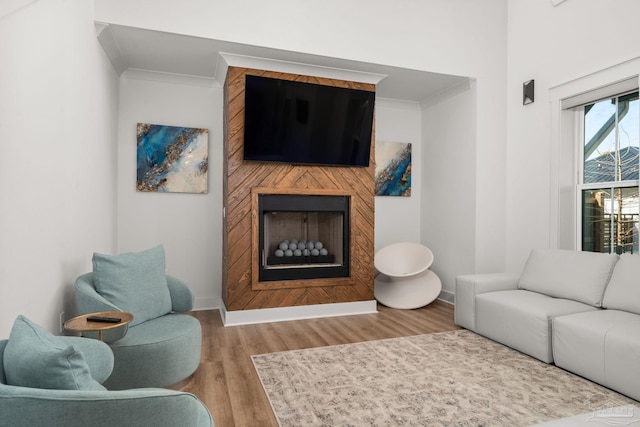 living room with ornamental molding, a fireplace, and wood-type flooring