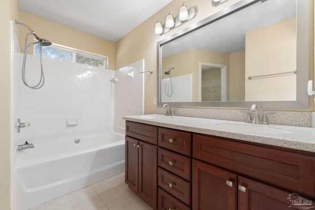 bathroom with tiled shower / bath combo, vanity, and tile patterned flooring