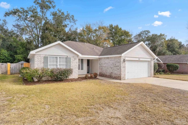 ranch-style house with a garage and a front yard