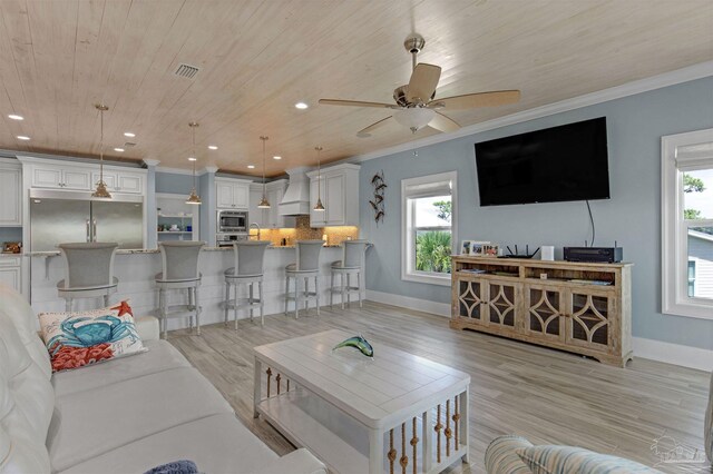 living room featuring ceiling fan, light wood-type flooring, plenty of natural light, and wood ceiling