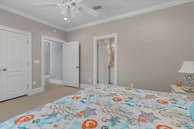 bedroom featuring ceiling fan, ornamental molding, and light carpet