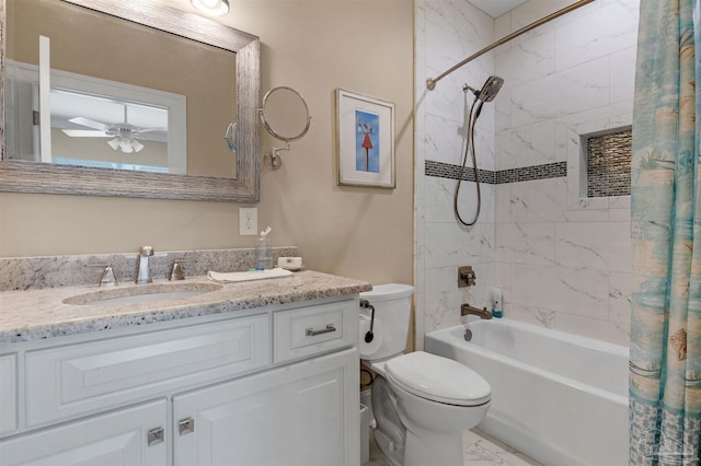 full bathroom featuring toilet, ceiling fan, tile patterned floors, shower / bath combo with shower curtain, and vanity