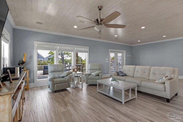 living room with crown molding, wood ceiling, ceiling fan, french doors, and light hardwood / wood-style flooring