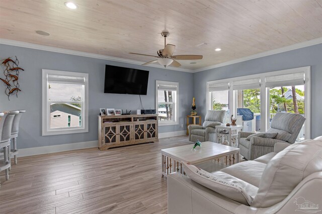 living room featuring ceiling fan, ornamental molding, light hardwood / wood-style floors, and wood ceiling