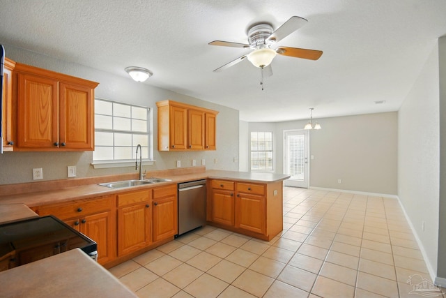 kitchen featuring stainless steel dishwasher, a peninsula, a wealth of natural light, and a sink