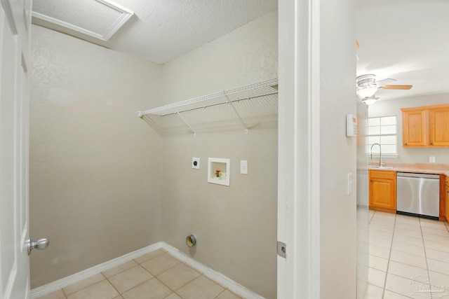 washroom with laundry area, attic access, washer hookup, light tile patterned floors, and hookup for an electric dryer