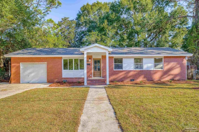 single story home with a front yard and a garage