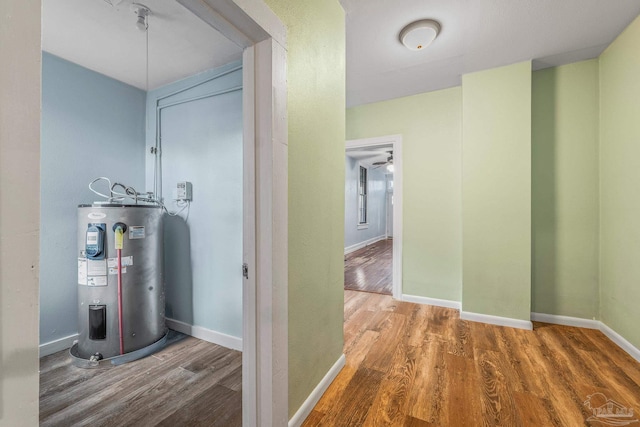 hall featuring wood-type flooring and electric water heater