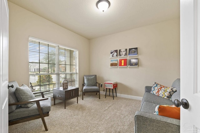 sitting room featuring carpet and baseboards