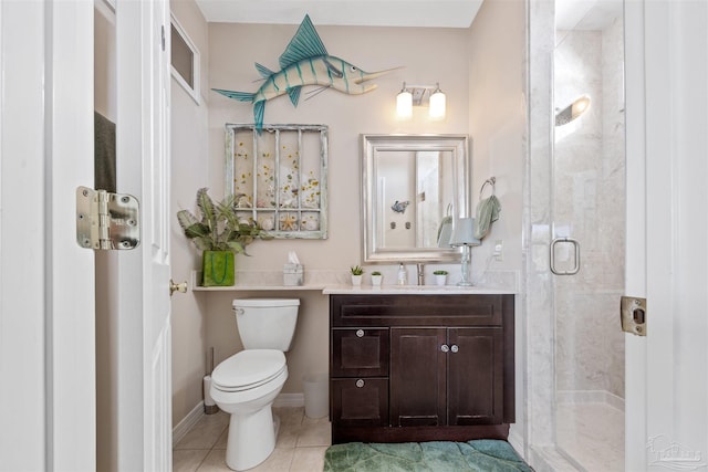 full bathroom with tile patterned floors, toilet, a stall shower, and vanity