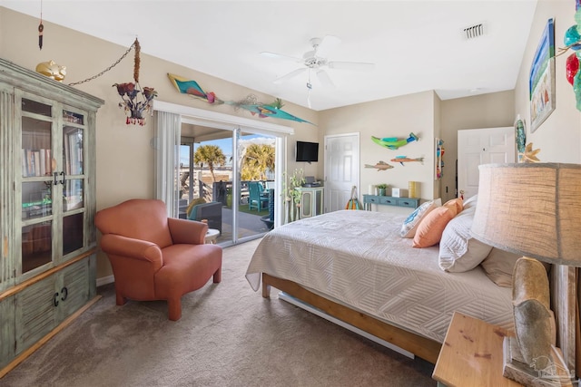carpeted bedroom with visible vents, ceiling fan, and access to outside
