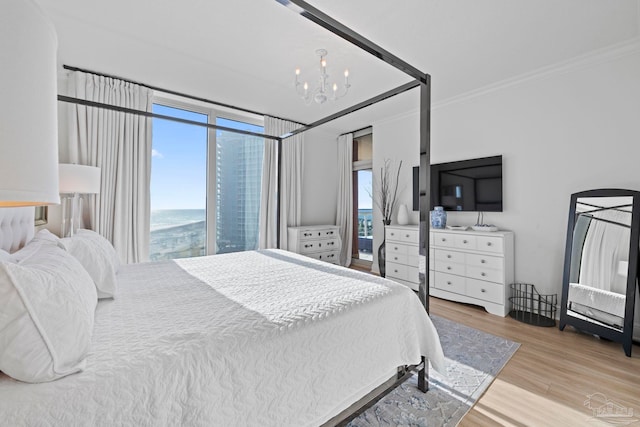 bedroom featuring light hardwood / wood-style flooring and an inviting chandelier