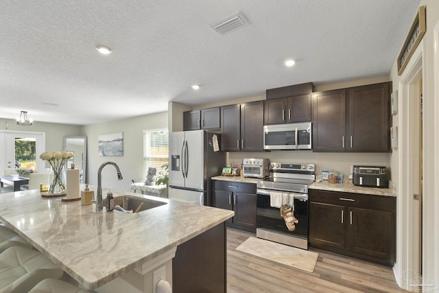 kitchen featuring a center island with sink, appliances with stainless steel finishes, a sink, light wood-type flooring, and a kitchen breakfast bar